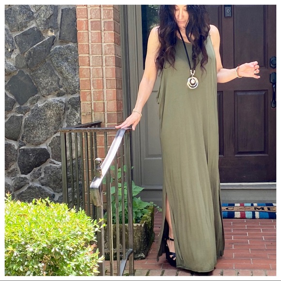 OLIVE GREEN SIDE SLITS TANK MAXI DRESS - Picture 12 of 15